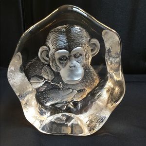 Chimpanzee by Mats Jonasson Sweden, laser signed, paperweight, 3 dimensional